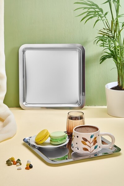 Lora Bianca Square Stainless Steel 6-Piece Silver Coffee, Tea, Decorative Presentation Serving Engagement Tray