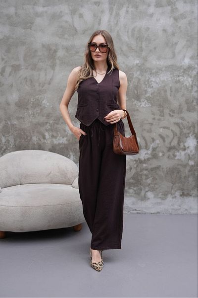 Stil Sepeti Women's Coffee Modal Fabric V-Neck Mini Vest Elastic Waist Pants Suit Epc-1000073