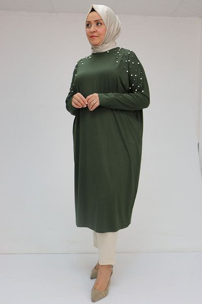 Eslina 58067 Plus Size Low Sleeve Pearl Snap Combed Cotton Tunic - Khaki
