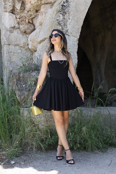 bytugcekaya Black Thick Strap Pleated Mini Dress
