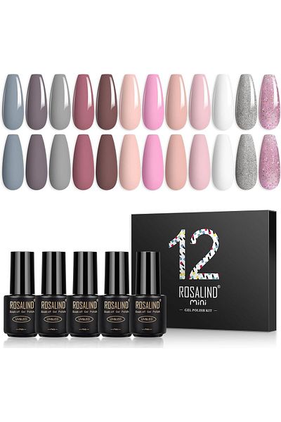 ROSALIND Set of 12 mini gel nail polishes, gray, pink, nude, 7 ml, ROSALIND