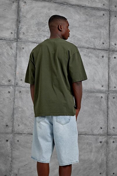 NOMARC Men's Khaki Born to Stand Out Written Washed Oversize Tshirt