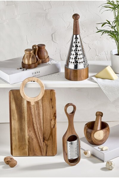 Lora Bianca 5 Piece Acacia Wood Set - Upright Grater, Havan, Garlic Grater, Cutting Board, and Salt Shaker Pepper Shaker