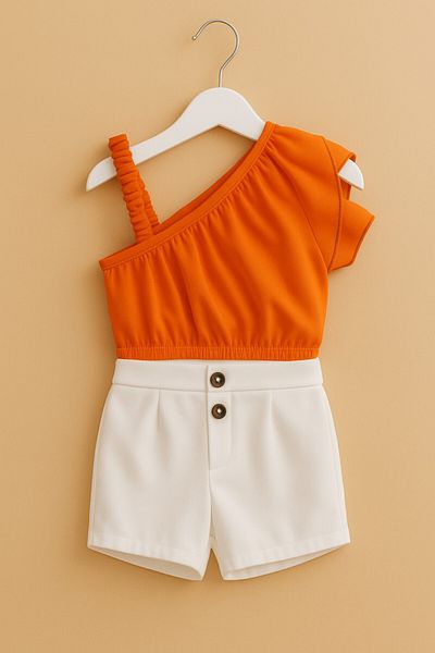 DeKuBaby One Shoulder and Ruffle Detailed Simple Elegans Asymmetrical Summer Children's Set