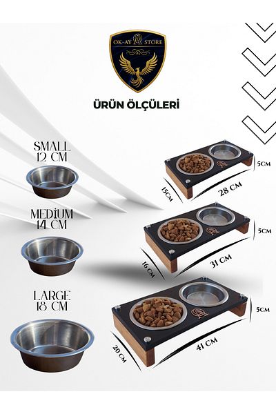 Okay Cat Dog Food and Water Bowl Stand – Wooden Body, Stainless Steel Bowl, Non-Slip Base