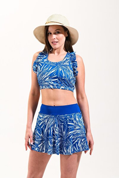 Signature Style 725712_Kadın Croplu Şort Etekli Fırfırlı Deniz/Havuz Mayosu – Göğüs Pedli, Şık ve Rahat Tasarım