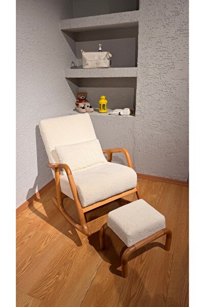 NOSSO HOME Sallanan Naturel Ayaklı Kırık Beyaz Rengi Berjer Koltuk - Puf Hediyeli Lotus