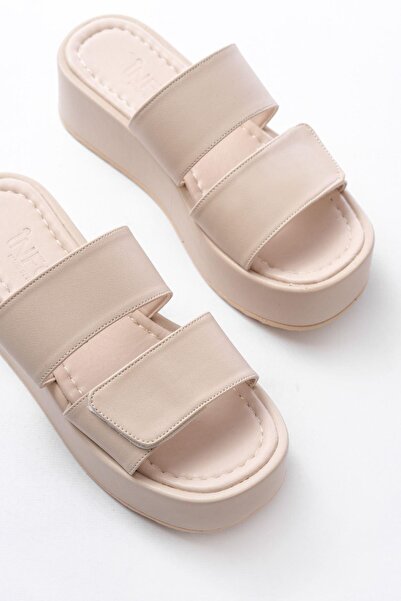 Aymood 861-1034 Beige Women's Slippers with Snap Fastener and Wedge Heel