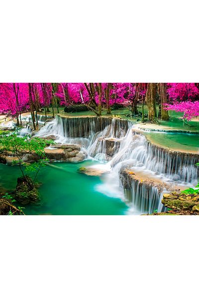 media Fototapet de perete autoadeziv si lavabil Cascada verde cu pomi roz, 220 x 135 cm
