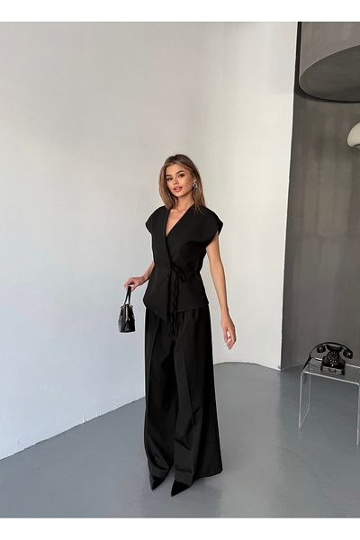 HARMONY GLOBAL Black Vest with Tie-Up Detail and High Waist Pants Set – Lined, Modern and Stylish Two-Piece Set 150