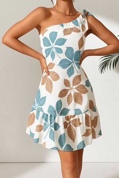 Know Women's Light Green-White Floral Patterned One Shoulder Tie Ruffle Crinkle Dress