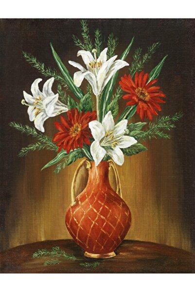 media Tablou canvas Flori, crini albi, vaza lut, pictura, 50 x 75 cm