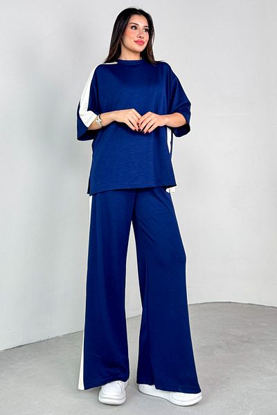 Cappmoda Tkm-13307 Navy Blue Stripe Detailed Oversize T-Shirt & Pocketed Casual Trousers Double Set