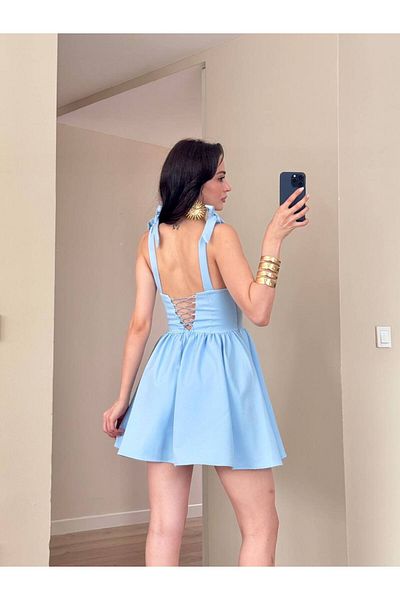 LOCH BUTİK Rochie mini albastră pentru femei, cu fundă de umăr, cu șireturi
