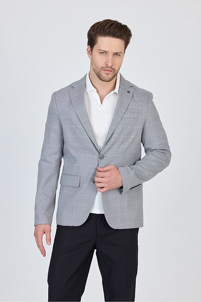 Frappoli Ανδρικό γκρι καρό ύφασμα Gerardo με υφή Polyviscon Slim Fit Sports Blazer