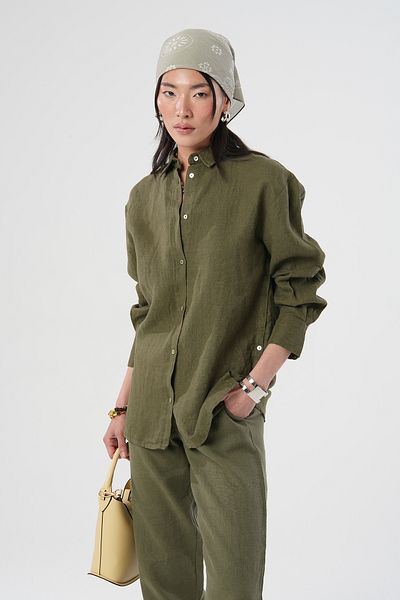 Orfeo Negro Women's 100% Linen Shirt with Button Detail on the Sides