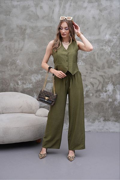 Stil Sepeti Women's Khaki Modal Fabric V-Neck Mini Vest Elastic Waist Pants Suit Epc-1000073