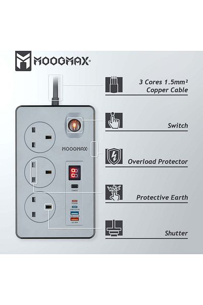 MOOGMAX سلك تمديد - 3 مقابس طاقة - 3 متر - 2 منفذ USB - 2 منفذ Type C - مؤقت لجميع المخرجات