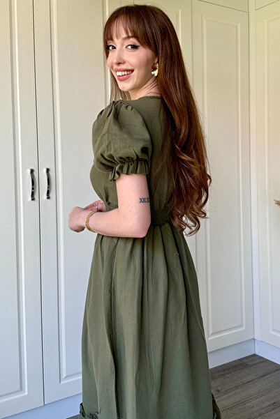 Dilay Gökoğlu Butik Müslin Kumaş Kısa Kol Midi Haki Elbise