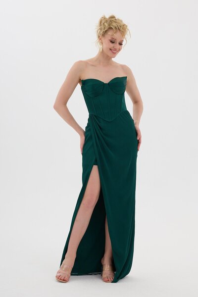 Carmen Zümrüt Kedi Kulağı Uzun Saten Abiye Elbise