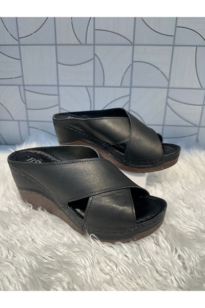 Anıl Ayakkabı Brn 1035 Women's Black Genuine Leather Cross Band Detail Comford Wedge Heel Daily Orthopedic Slippers
