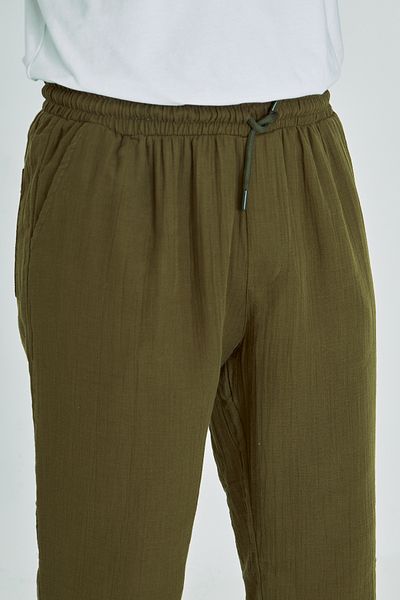 masso moda Men's Baggy Muslin Linen Waist Lace-Up Elastic Straight Leg Trousers