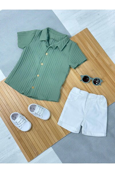 agugu Pamela Embossed Striped Shirt Summer Men's 2-Piece Set Khaki