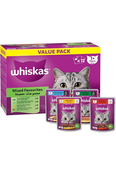 Whiskas Mixed Favorites Wet Cat Food Pack of 12x80g, Chicken, Tuna, Oceanfish, and Beef Liver Wet Fo