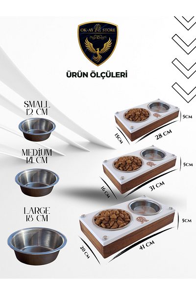 Okay Cat Dog Food and Water Bowl Stand – Wooden Body, Stainless Steel Bowl, Non-Slip Base
