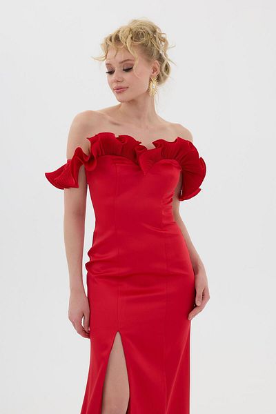 Carmen Red Collar Ruffled Slit Satin Evening Dress