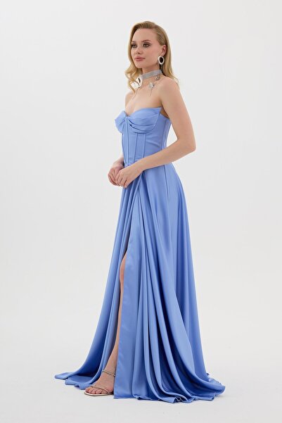 Carmen Mavi Kedi Kulağı Yırtmaçlı Saten Abiye Elbise