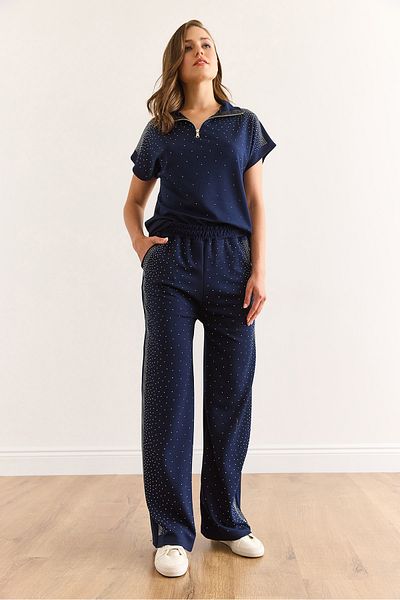 Olalook Women's Navy Blue Sequin Detailed Bottom Top Set Tkm-19000400