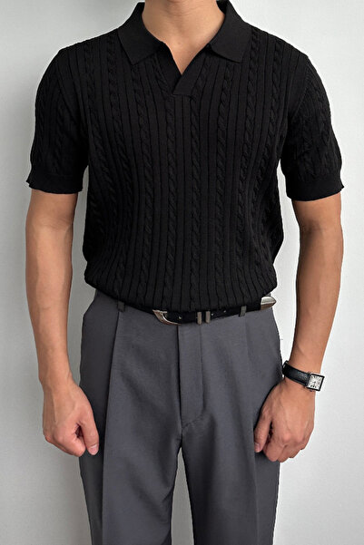 Tarz Cool Ανδρικό πλεκτό μπλουζάκι με γιακά πόλο μαύρο