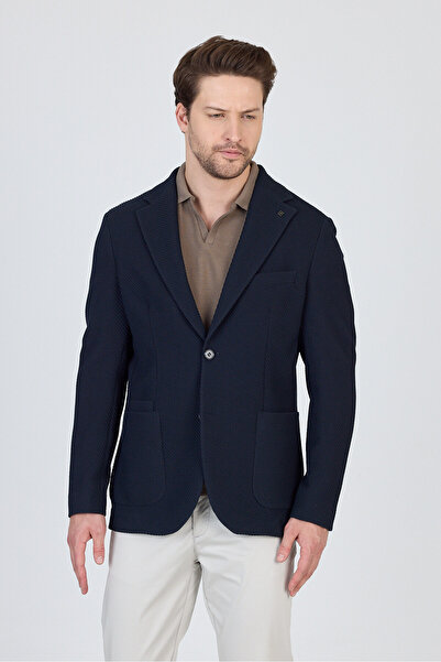 Frappoli Sandeo Erkek Lacivert Astarsız Soft Diagonel Desenli Esneyen Kumaş Likralı Spor Blazer Ceket