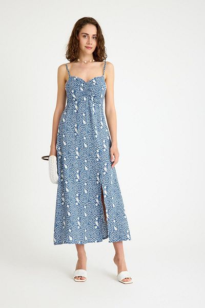 NİLİST Strappy Long Slit Viscose Blue and White Patterned Dress