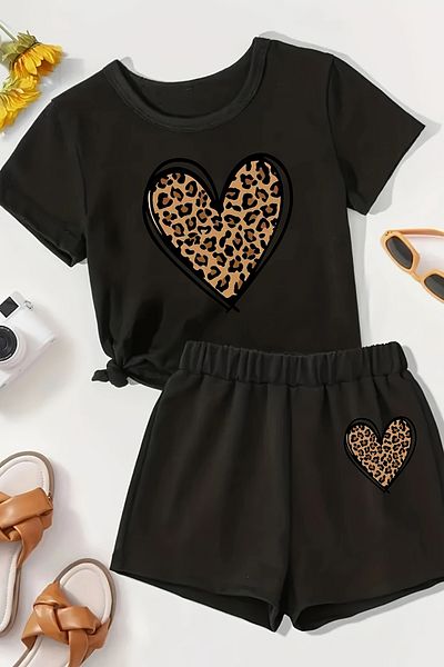 MYADA Premium Leopard Heart Printed Girl's Shorts Suit 24038