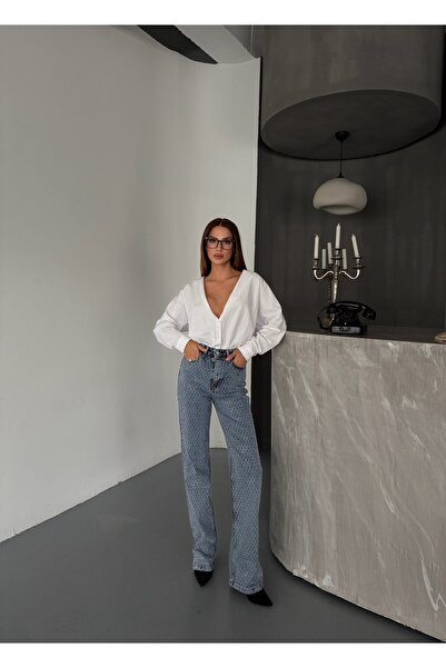 Diviny Ženske pantalone Stone Sa deznom Blue Snow Wash Visok struk Palazzo Jean