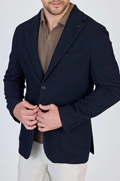 Frappoli Sandeo Erkek Lacivert Astarsız Soft Diagonel Desenli Esneyen Kumaş Likralı Spor Blazer Ceket