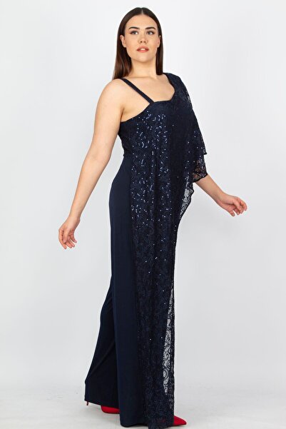 Şans Women's Large Size Navy Blue Lace Detailed Jumpsuit 65n19614