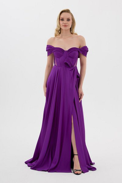 Carmen Purple Low Neckline Slit Satin Evening Dress