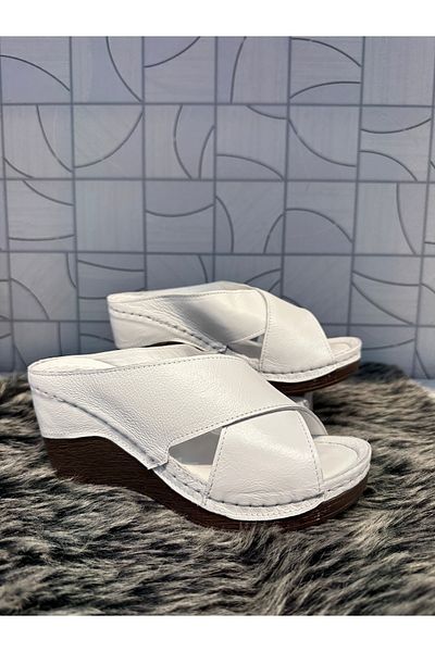 Anıl Ayakkabı Brn 1035 Women's White Genuine Leather Cross Band Detail Comford Wedge Heel Daily Orthopedic Slippers