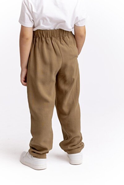 Cigit Pleated Linen Trousers with Closed Legs and Waist for Children 2-7 Years Old Caramel Color