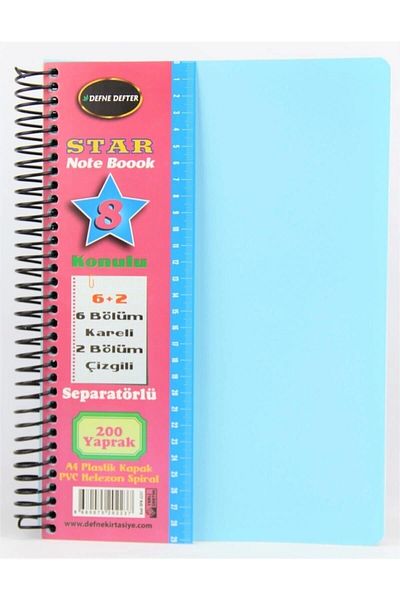 Defne Star Spiral A4 Notebook with Plastic Cover and Bookmark 6 Checks + 2 Lines 200 Sheets