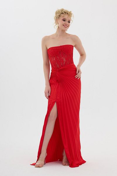 Carmen Red Lace Strapless Satin Evening Dress