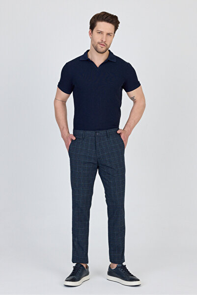 Frappoli Ecmio Erkek Koyu Lacivert Ekose Keten Görünümlü İnce İlkbahar-Yaz Slim Fit Pantalon