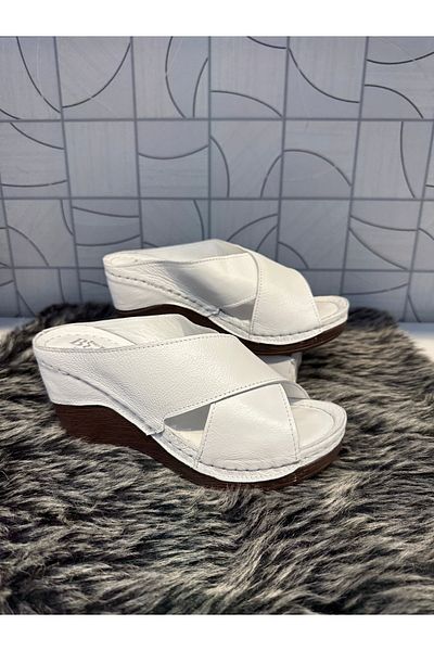 Anıl Ayakkabı Brn 1035 Women's White Genuine Leather Cross Band Detail Comford Wedge Heel Daily Orthopedic Slippers