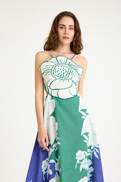 NİLİST Linen Floral Bustier Detailed Tie Back Long Blue Green Dress