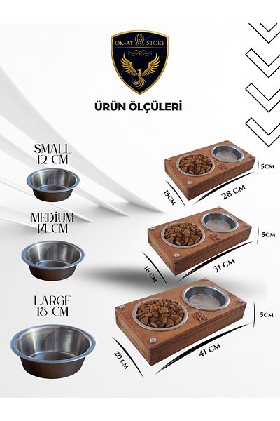 Okay Cat Dog Food and Water Bowl Stand with Stainless Steel Bowl – Wooden Body, Non-Slip Base