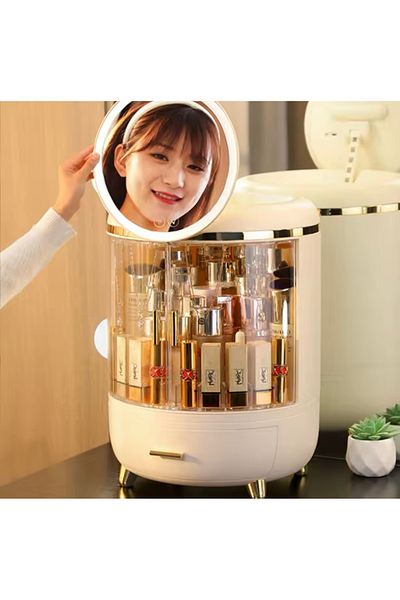 Un Luxury Makeup Organizer with Clear Doors and Rotating LED Mirror - Stylish and Functional Storage!