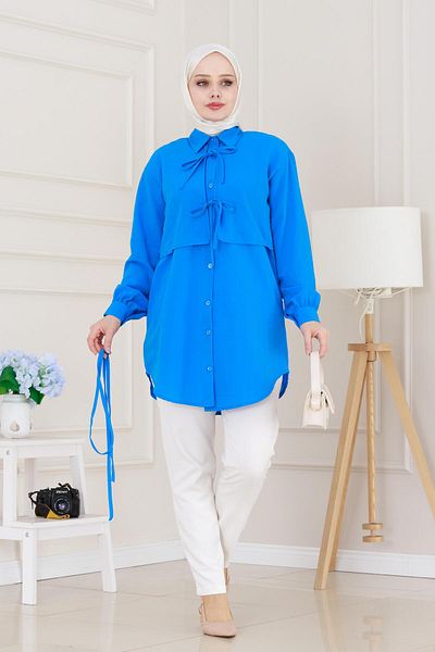 Sevitli Cepken Detailed Tie-Up Linen Tunic-Blue